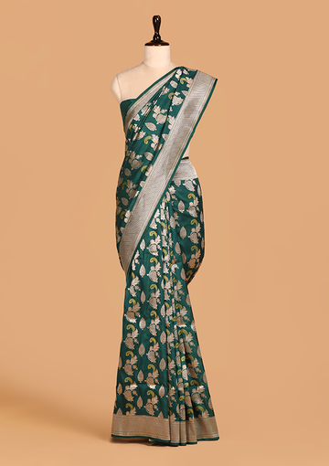 Bottle Green Butta Saree in Silk