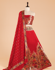 Red Unstitched Lehenga Set in Silk