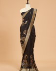 Black Plain Saree In Georgette Tussar