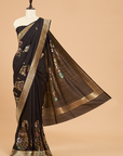 Black Plain Saree In Georgette Tussar