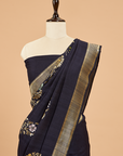 Navy Blue Plain Saree In Georgette Tussar