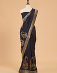 Navy Blue Plain Saree In Georgette Tussar