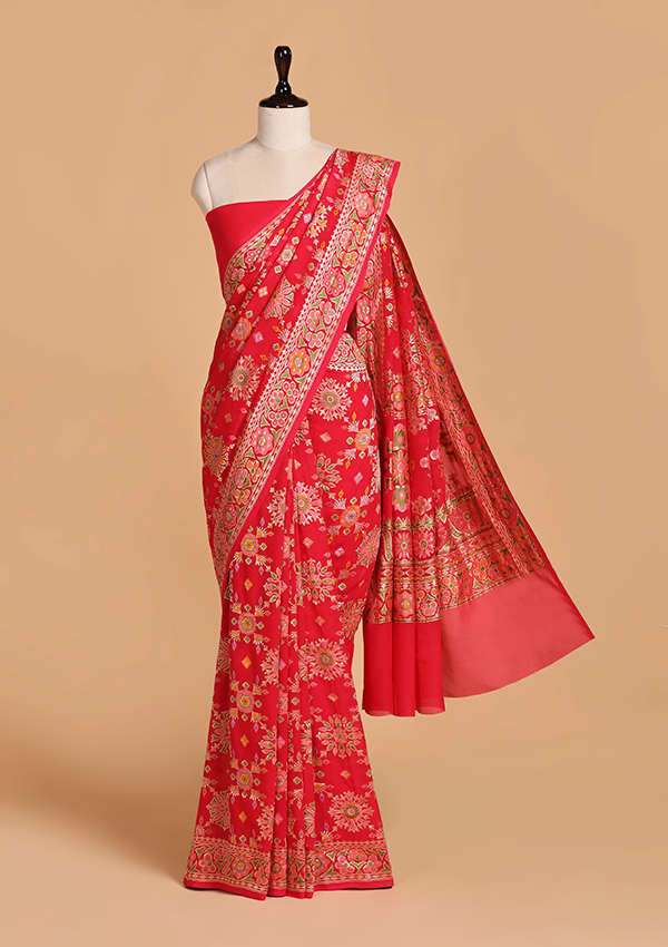 Red Meenakari Jaal Saree in Georgette