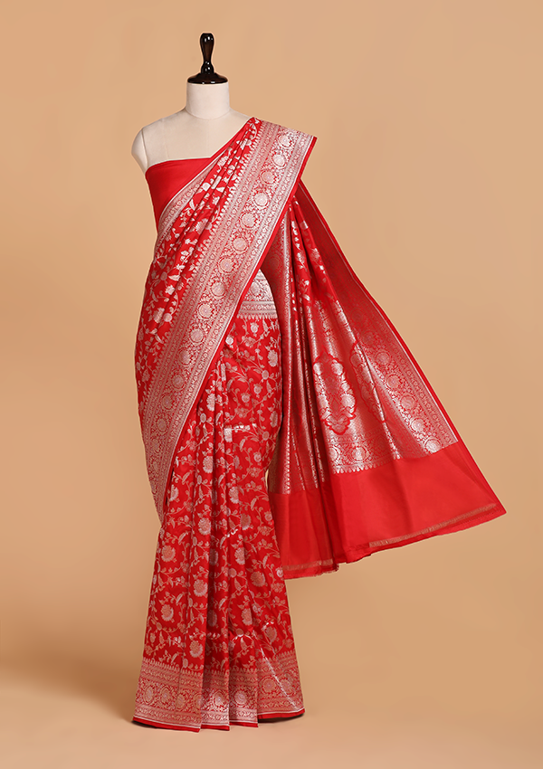 Red Jaal Saree in Silk
