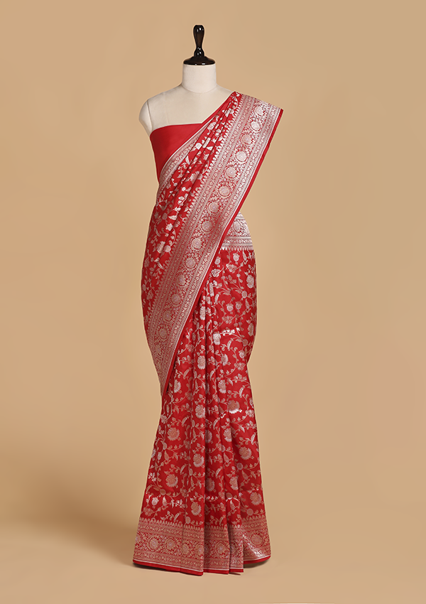Red Jaal Saree in Silk