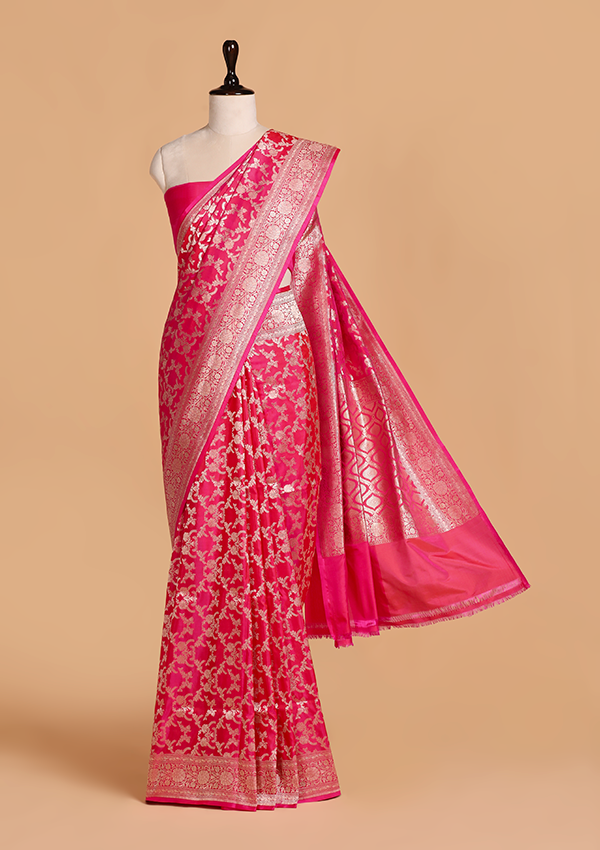 Strawberry Pink Jaal Saree in Silk
