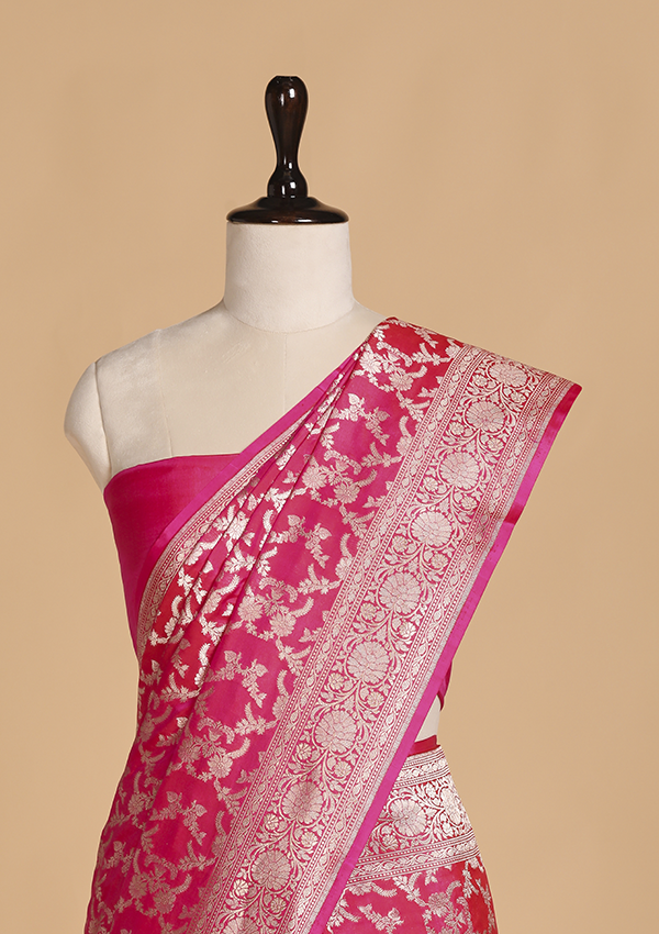 Strawberry Pink Jaal Saree in Silk