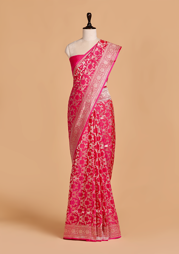 Strawberry Pink Jaal Saree in Silk