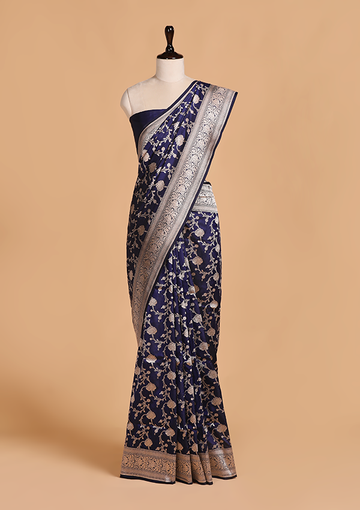 Navy Blue Jaal Saree in Silk