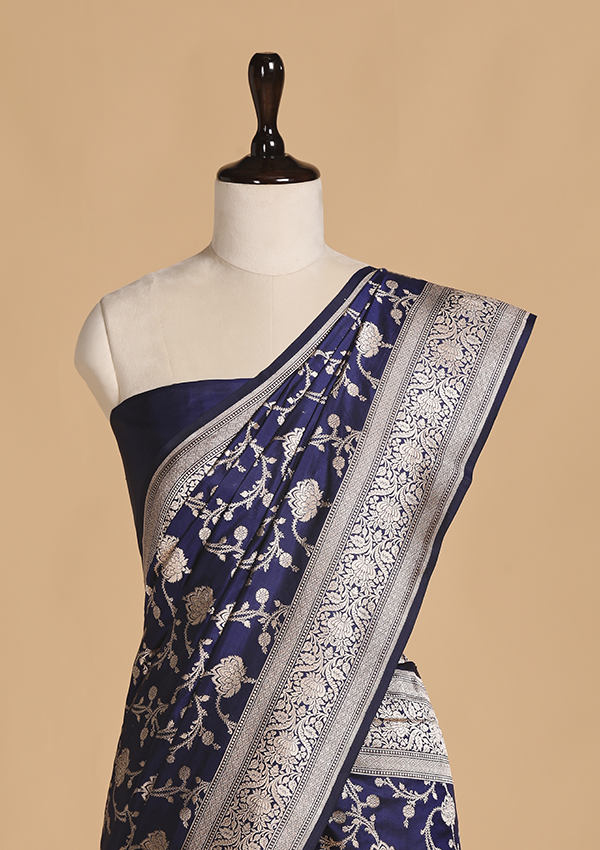 Navy Blue Jaal Saree in Silk