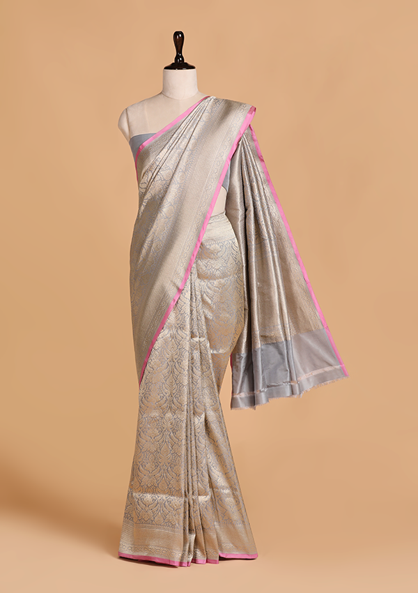 Grey Brocade Saree in Silk