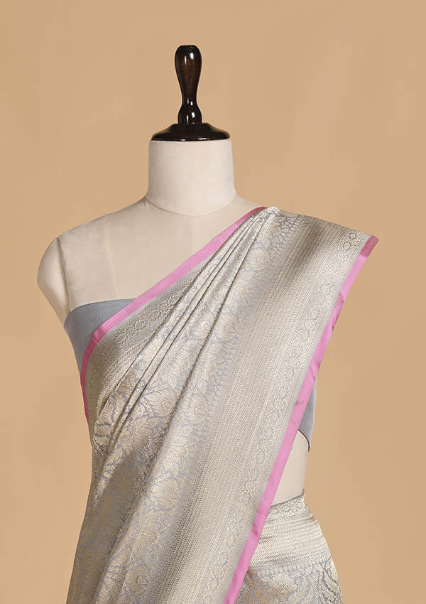 Grey Brocade Saree in Silk