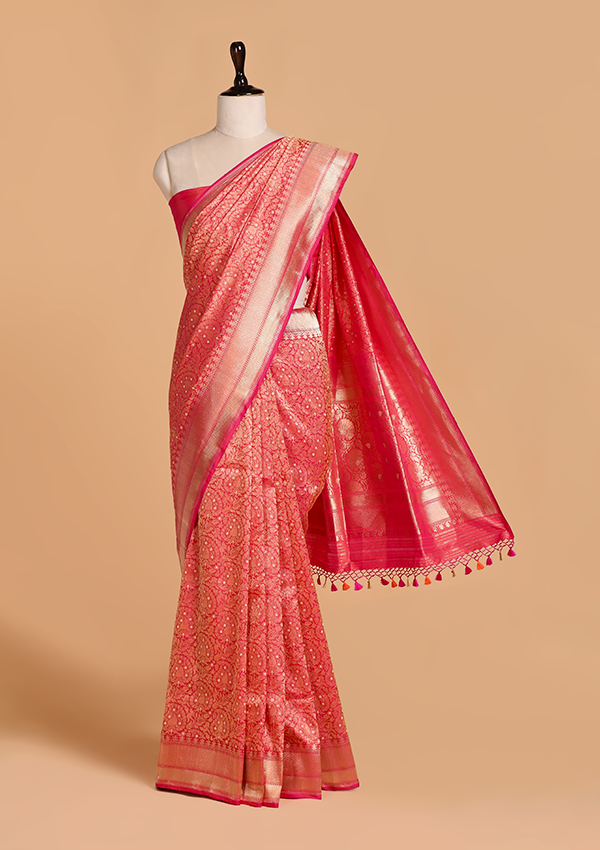 Coral Pink Brocade Saree in Silk