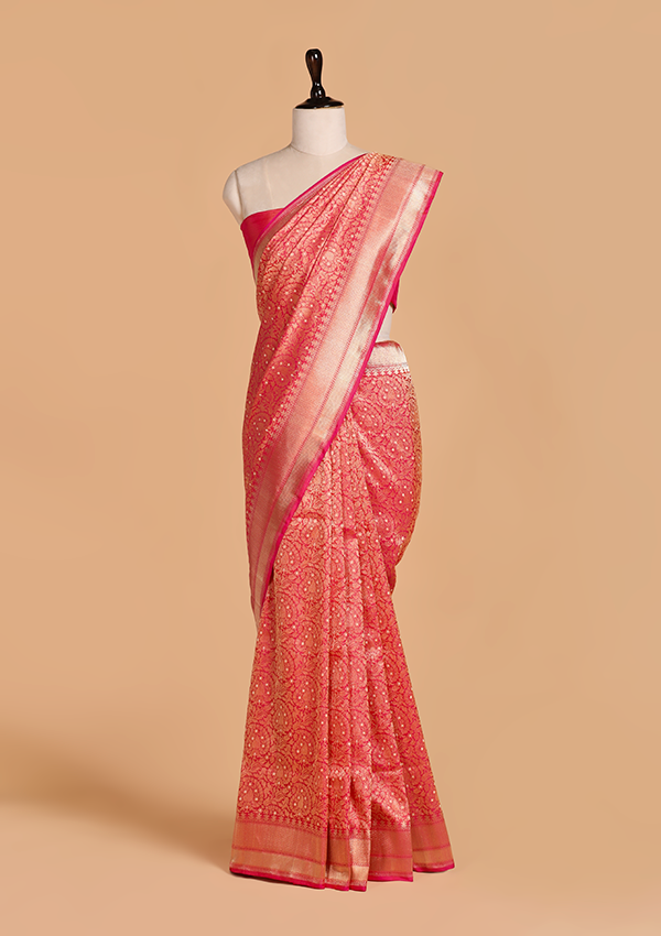 Coral Pink Brocade Saree in Silk
