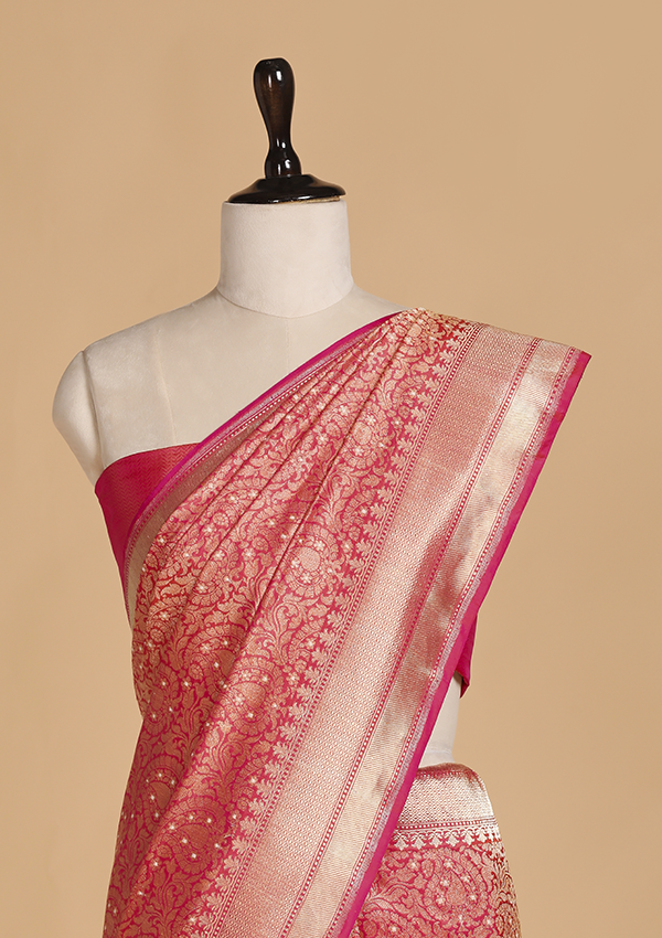 Coral Pink Brocade Saree in Silk