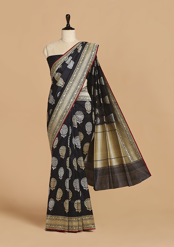 Navy Blue Butta Saree in Silk
