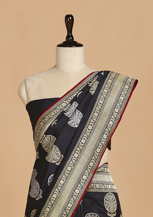 Navy Blue Butta Saree in Silk
