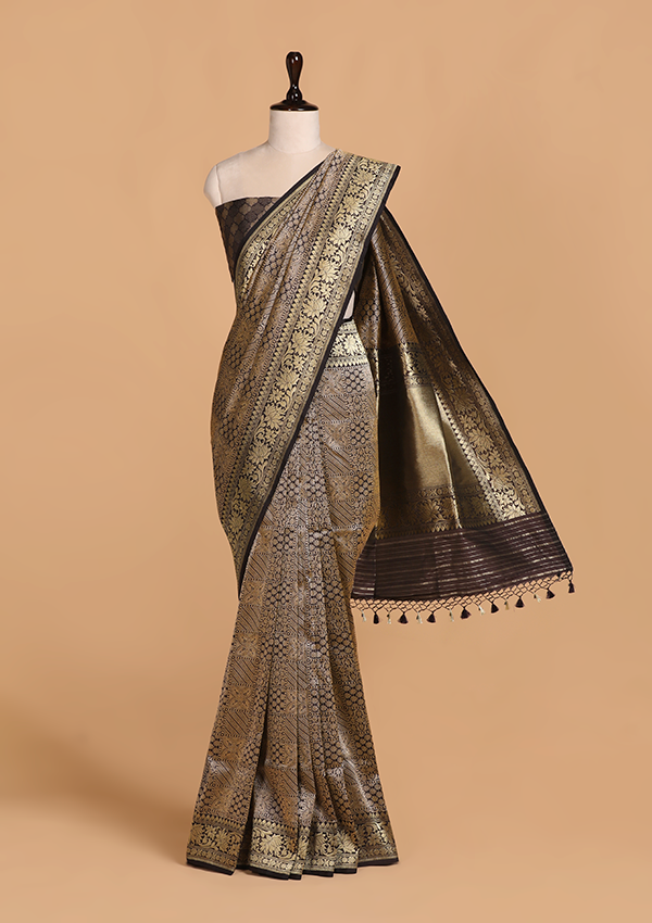 Navy Blue Brocade Silk Saree