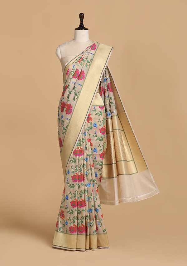 Off White Meenakari Jaal Saree in Silk