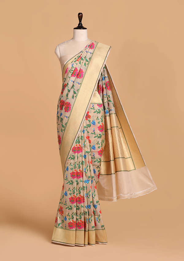 Off White Meenakari Jaal Saree in Silk