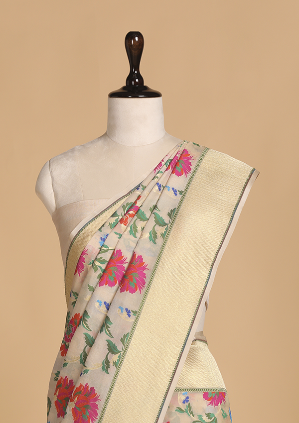 Off White Meenakari Jaal Saree in Silk