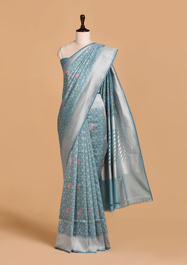 Sky Blue Meenakari Butta Saree in Silk