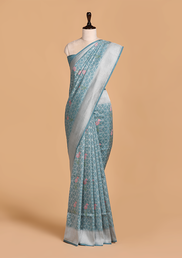 Sky Blue Meenakari Butta Saree in Silk