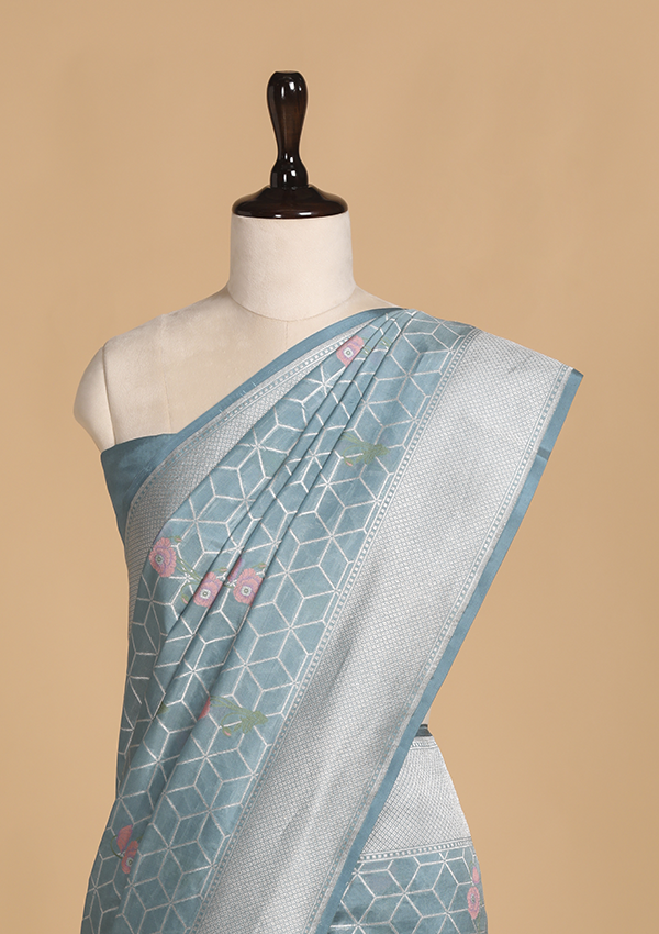 Sky Blue Meenakari Butta Saree in Silk