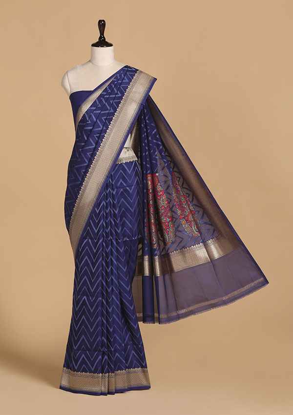 Navy Blue Kashmiri Pallu Saree in Silk