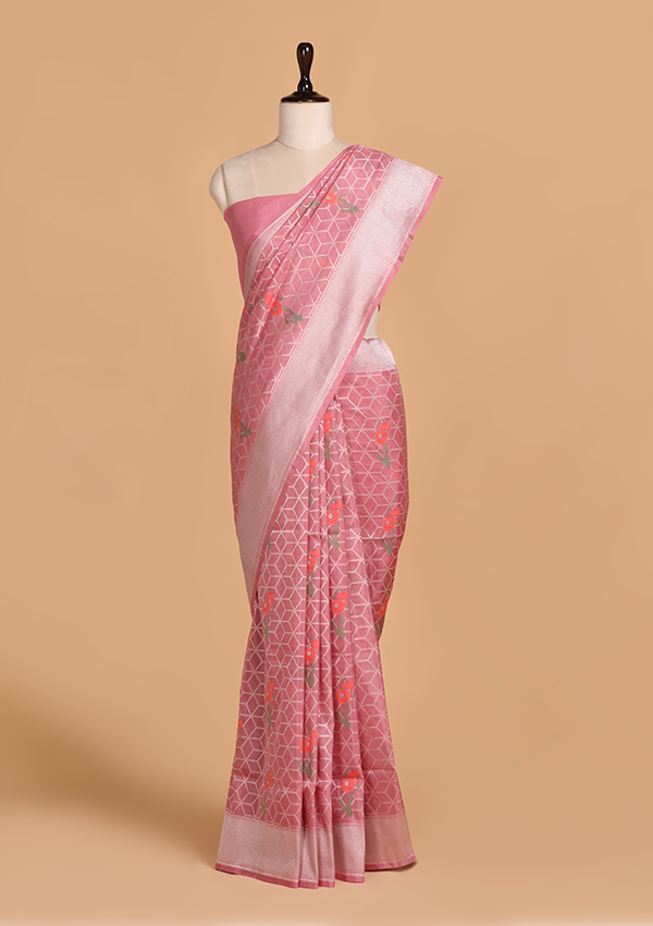 Gajar Pink Meenakari Butta Saree in Silk