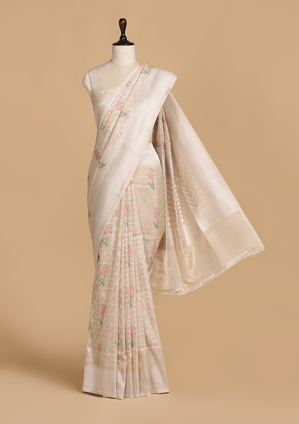 Off White Meenakari Butta Saree in Silk