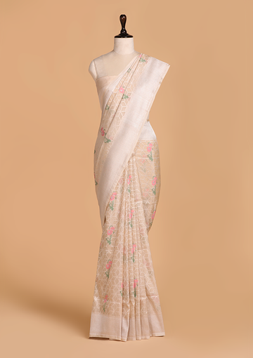 Off White Meenakari Butta Saree in Silk