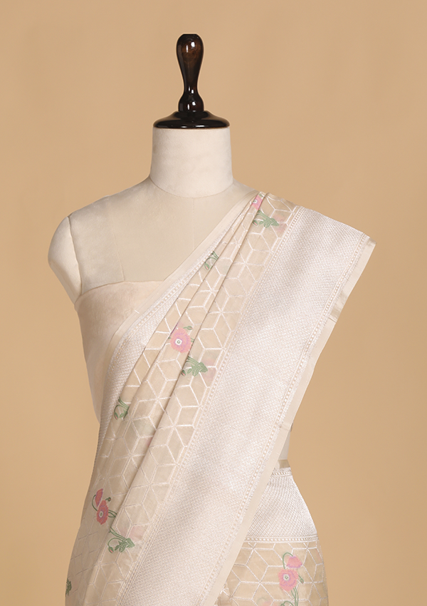Off White Meenakari Butta Saree in Silk