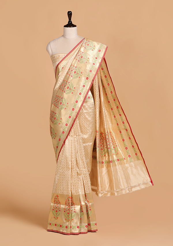 Off White Butti Saree in Silk