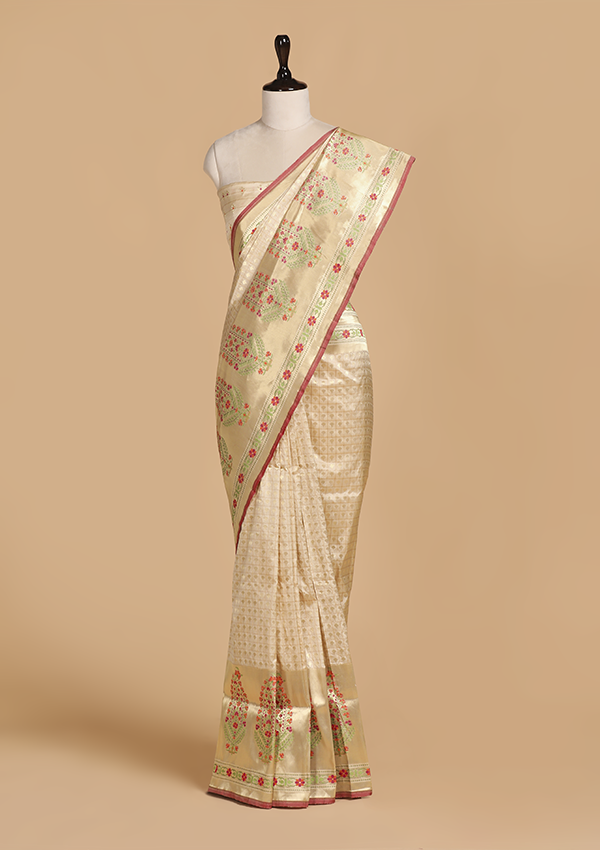 Off White Butti Saree in Silk