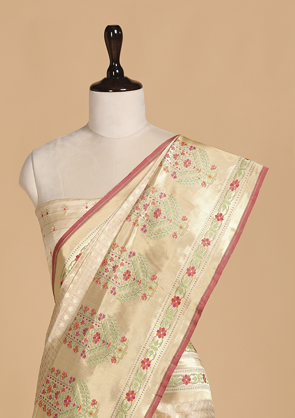Off White Butti Saree in Silk
