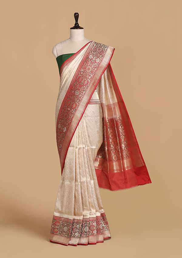 Off White Brocade Saree in Silk