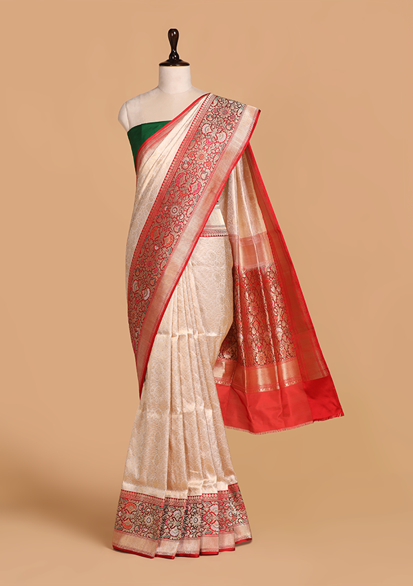 Off White Brocade Saree in Silk