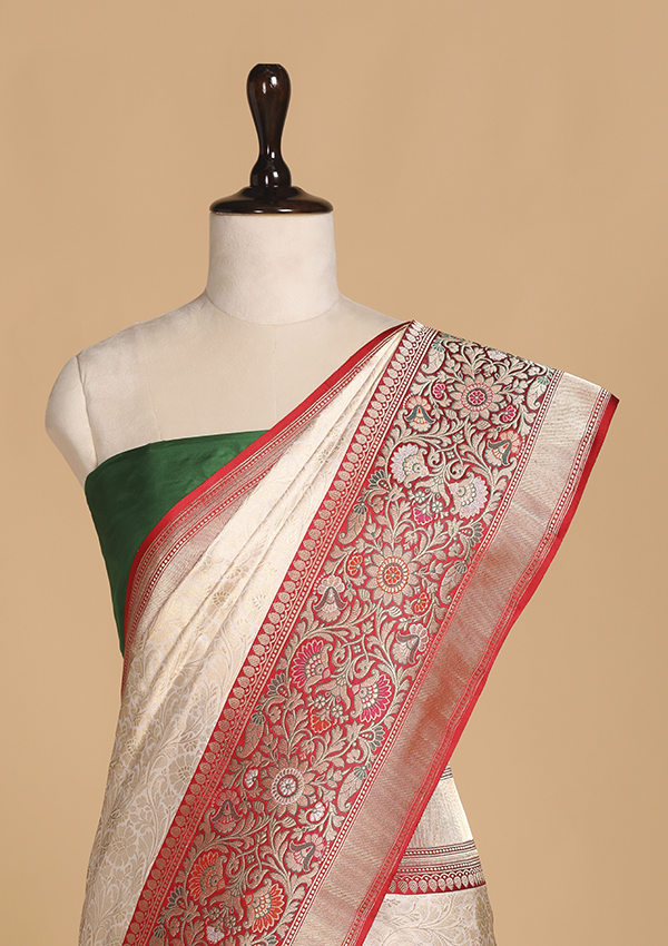 Off White Brocade Saree in Silk
