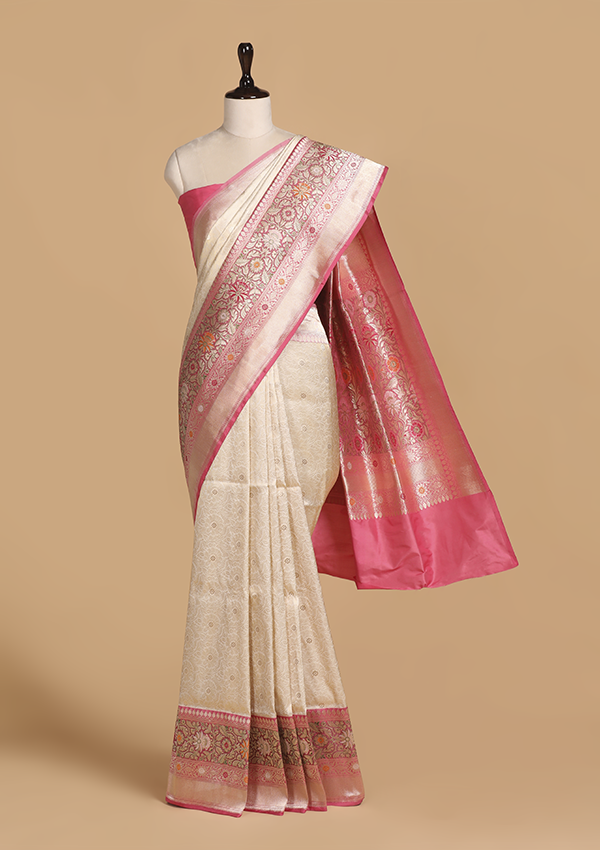 Off White Brocade Saree in Silk