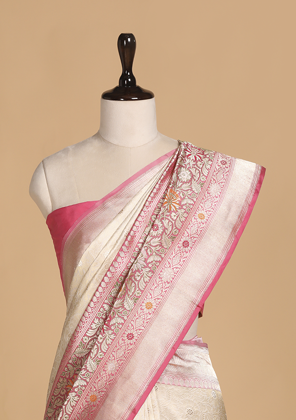 Off White Brocade Saree in Silk