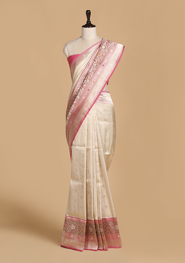 Off White Brocade Saree in Silk