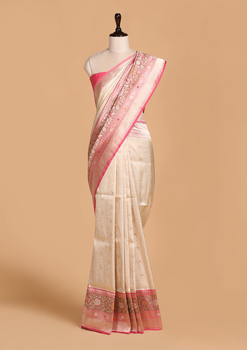 Off White Brocade Saree in Silk