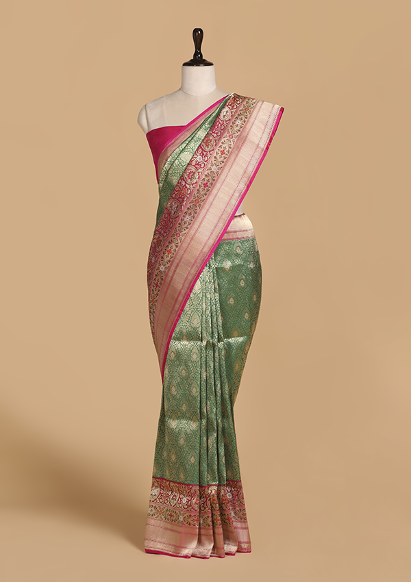Bottle Green Brocade Saree in Silk
