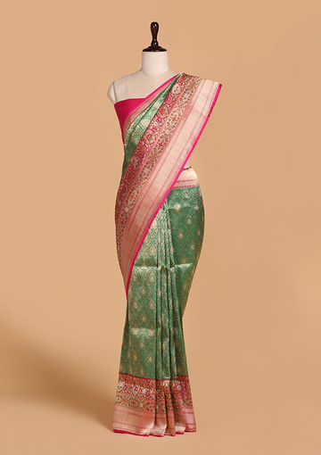 Bottle Green Brocade Saree in Silk