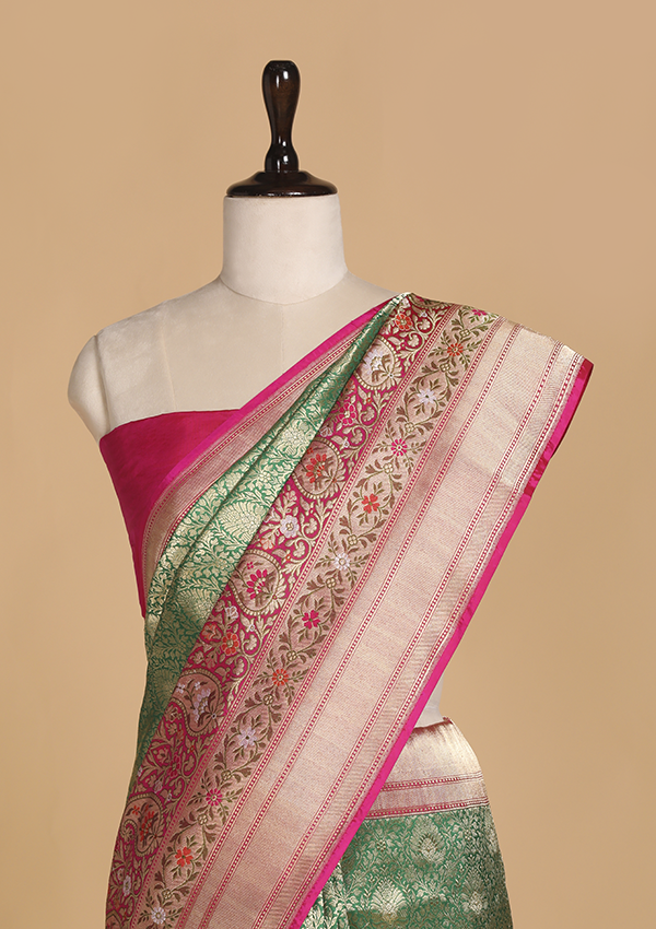 Bottle Green Brocade Saree in Silk