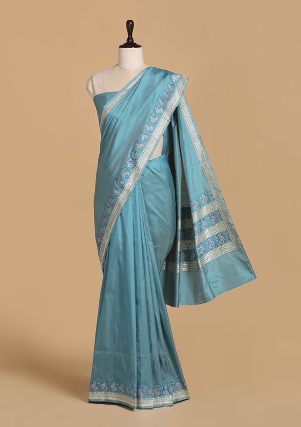 Firozi Blue Plain Saree in Silk