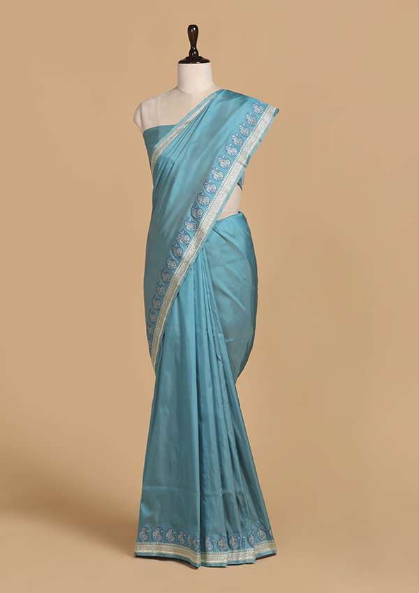 Firozi Blue Plain Saree in Silk