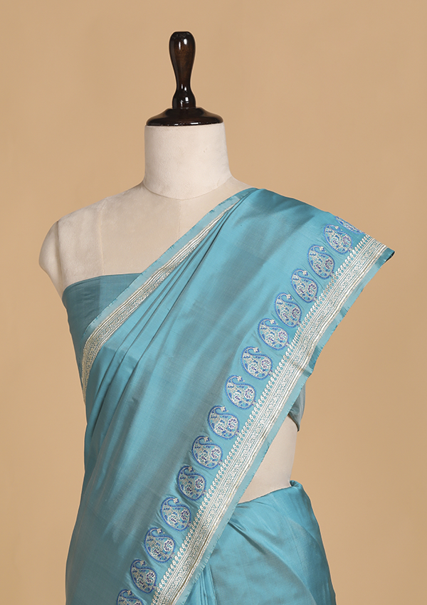 Firozi Blue Plain Saree in Silk