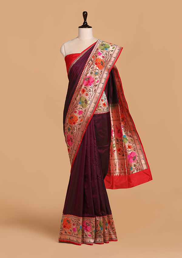 Wine Plain Saree in Silk